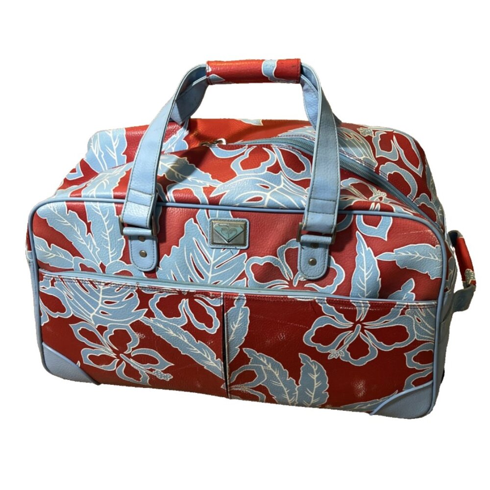 VTG Roxy Red Blue Floral Hawaiian tropical 25” Large Rolling Duffle Bag luggage - Picture 2 of 16
